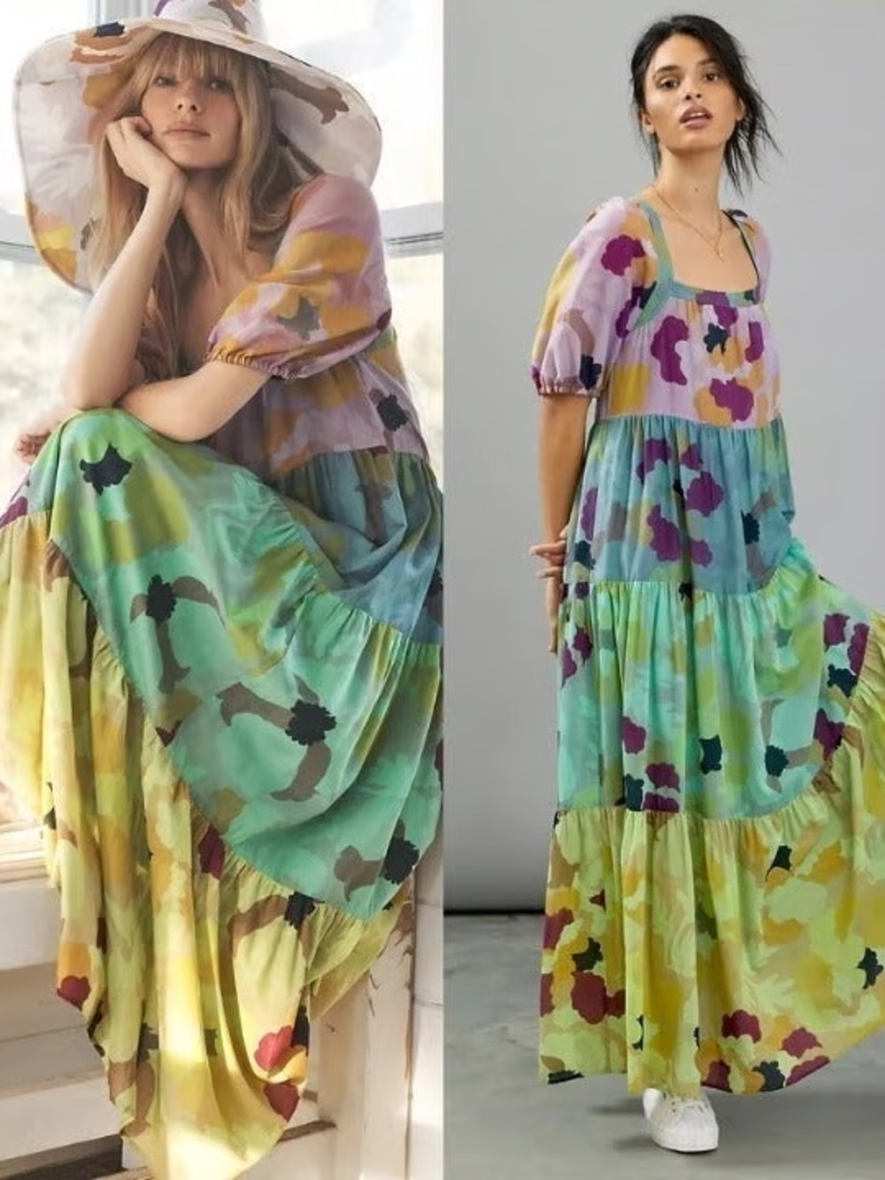 Anthropologie Caroline Tiered Maxi Floral Silk Watercolor Dress XXS